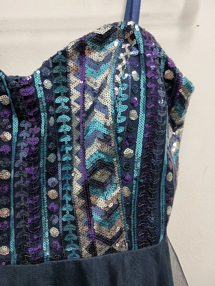 Vestido de Colección Y2K Nights By Teeze Me Para Mujer Sin Tirantes Talla 11 Azul Marino Lentejuelas Corsé Tul Foto 3 de 4