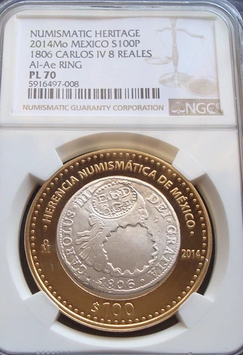 2014 Mo Mexico $100 Pesos Silver 1806 Carlos 1V 8 Reales-Al-Ae Ring NGC PL70