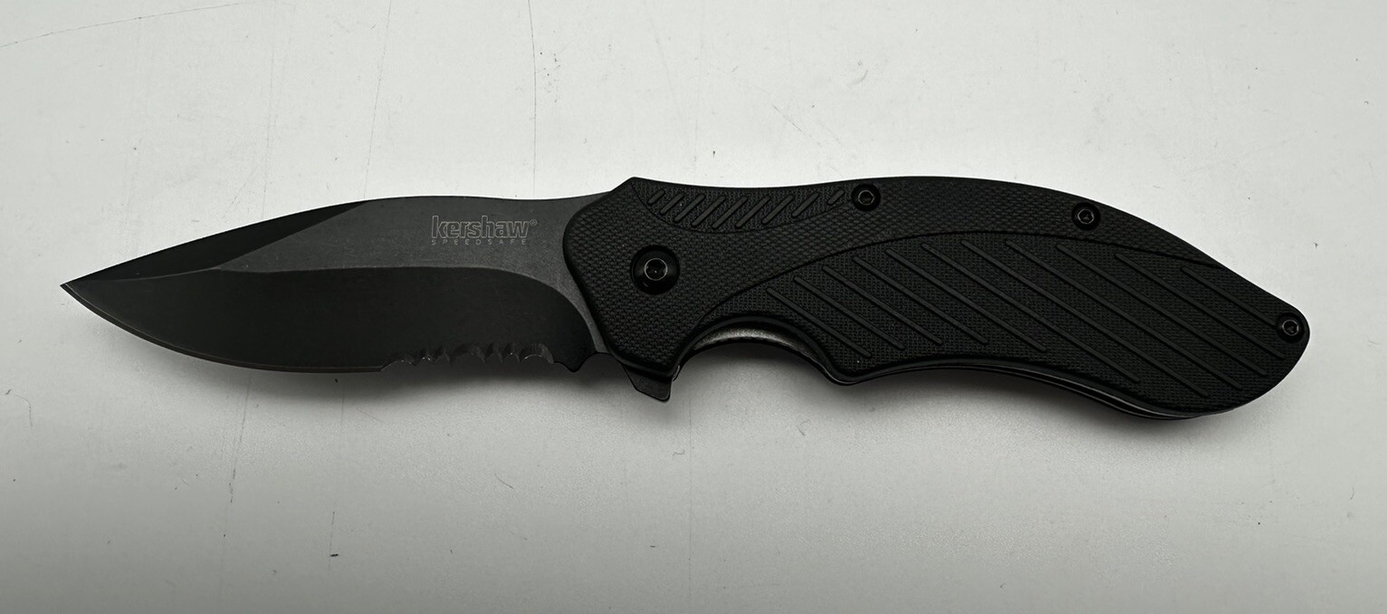 Kershaw Clash Black Serrated Pocketknife, 3" 8Cr13MoV Steel Drop Point