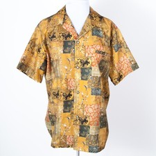 Andrade Honolulu Floral Patchwork Pattern Hawaiian Camp Shirt Button Brown Gold