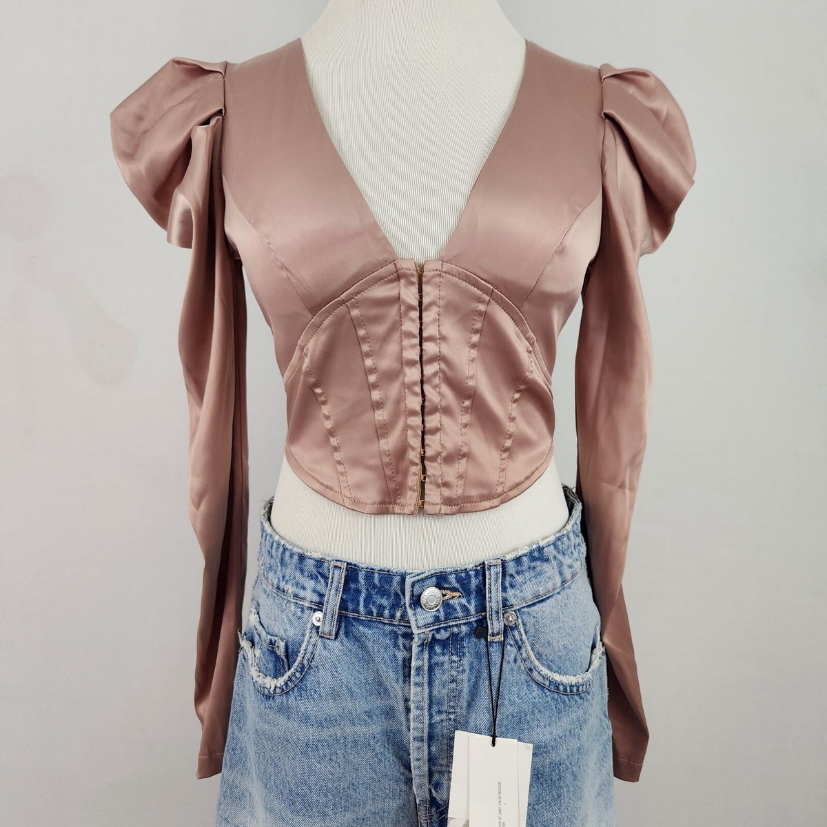 Fashion Nova Blouse Extra Small Satin Puff Long Sleeve Crop Top