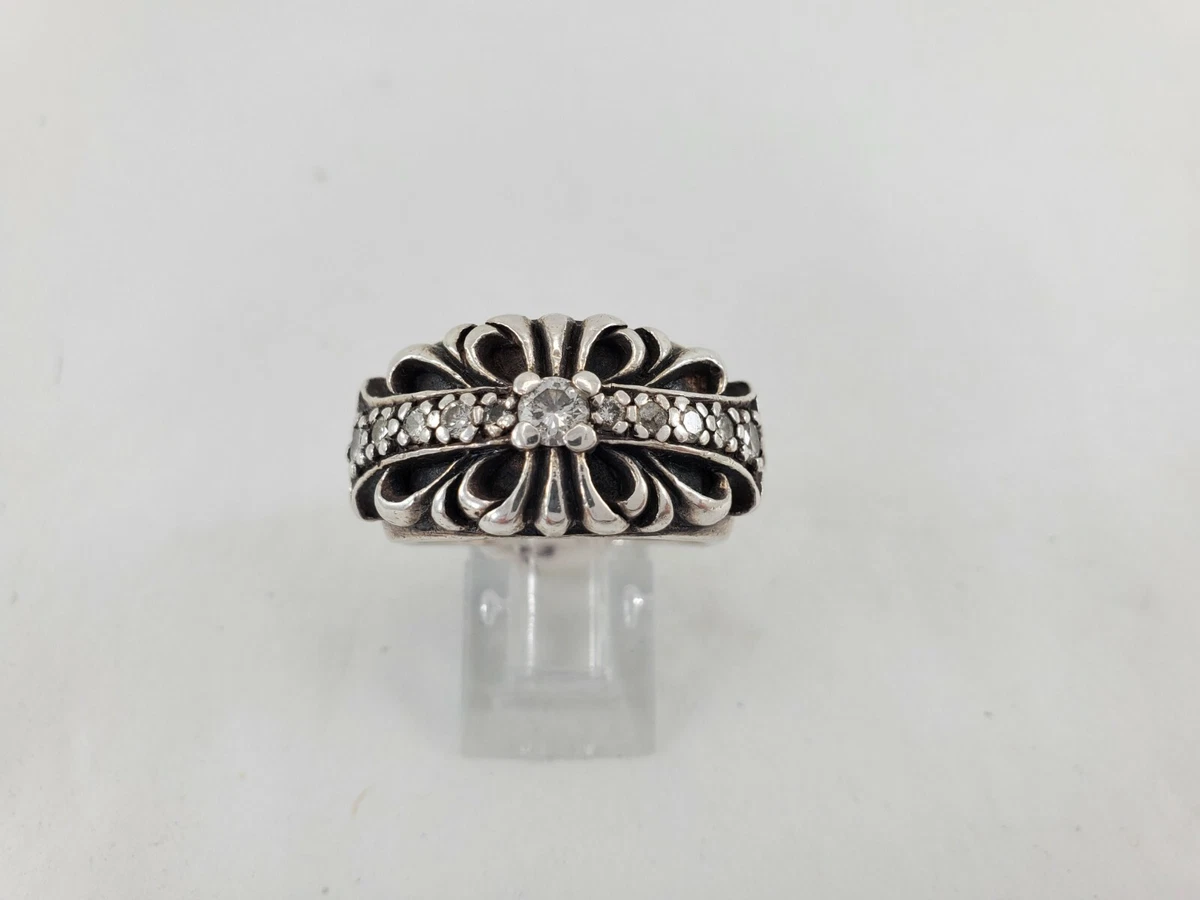 Chrome Hearts Sterling Silver Floral Cross Ring w/ After Market Diamonds  Size 11