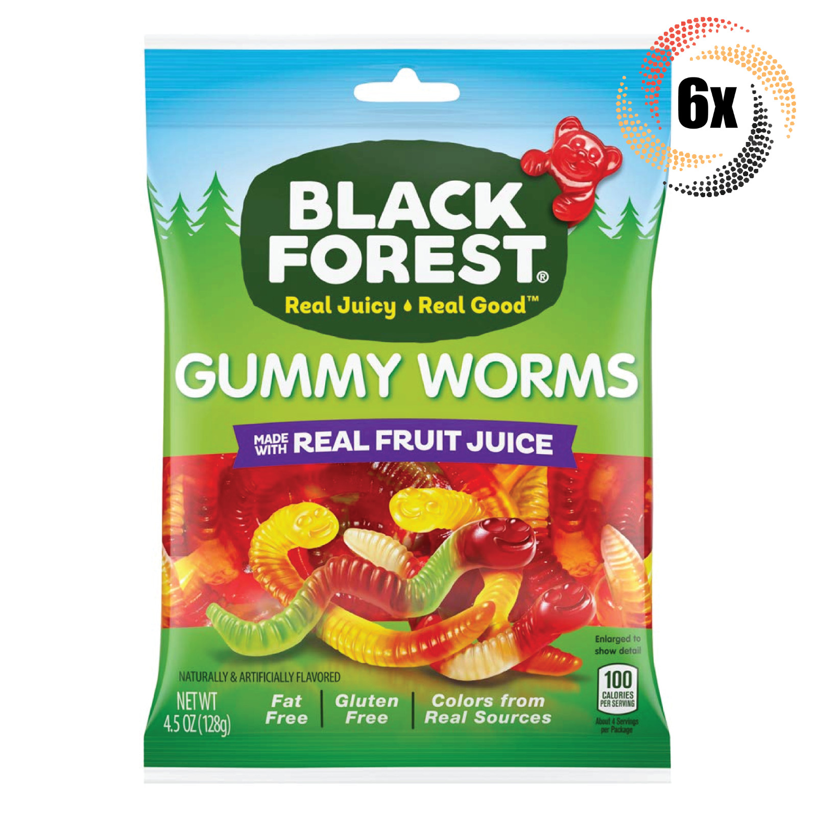 6 пакетиков конфет Black Forest Gummy Worms | С натуральным фруктовым соком и без жира | 4,5 унции |