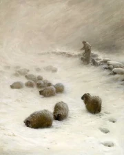Vintage Sheep in a Snowy Landscape Painting Giclee Print on Fine Art Paper