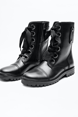 ZADIG & VOLTAIRE JOE LEATHER LACE BOOTS BLACK COLOR SIZE FR39, US 