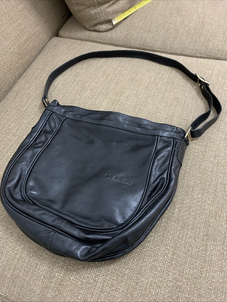 VTG valentino shoulder bag women Leather Black Logo Vintage