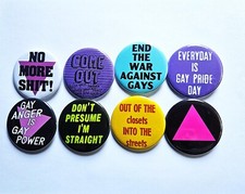 Vintage Reproduction Gay Pride Pinback Buttons Magnets  Bottle Openers. set 01