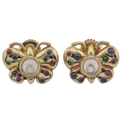 Chopard Happy Diamond Ruby Sapphire 18k Yellow Gold Butterfly Stud Earrings