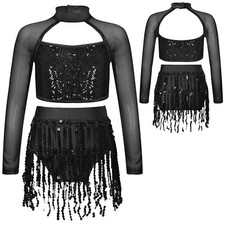 Kids Girls Crop Top With Skirt Class Dancewear Long Sleeve Shirt And Skirts
