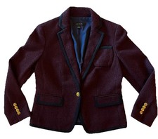 Ann Taylor Burgundy Tweed Black Trim Cropped Blazer Jacket Gold Buttons Size 2