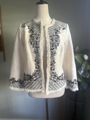 Chico's weiß/creme schwarz strukturiert Boho Perlen Blazer Jacke Chicos 0 kleine 4
