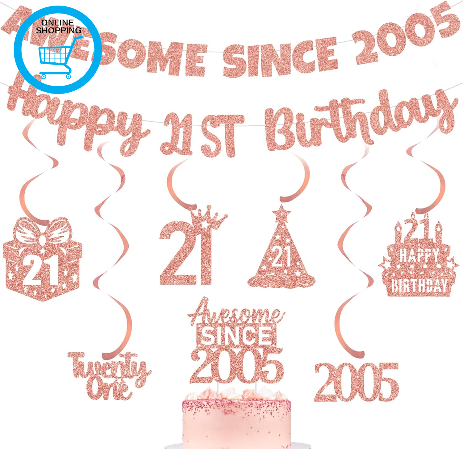 Rose Gold 21St Birthday Banner - Awesome since 2005 Glitter Decorations with Han
