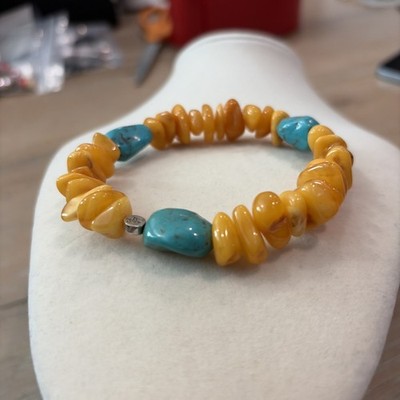 Baltic Raw Nugget Shaped Butterscotch Amber & Turquoise Stone Bracelet - Elastic
