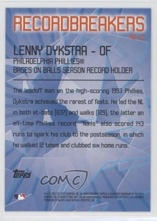 2003 Topps Series 2 Record Breakers Lenny Dykstra #RB-LD - Image 2 of 2