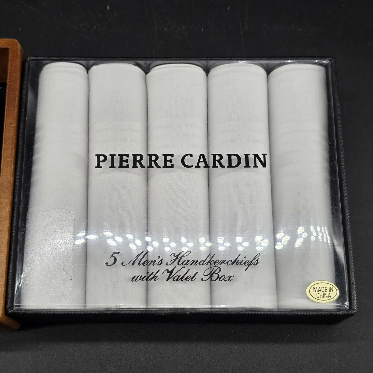 Pierre Cardin Men's White Handkerchiefs Set of 5 with Valet Wooden Box Gift