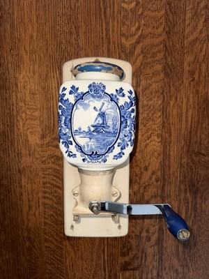 Blue and White Vintage De Ve Wall Mounted Dutch Porcelain Coffee Grinder