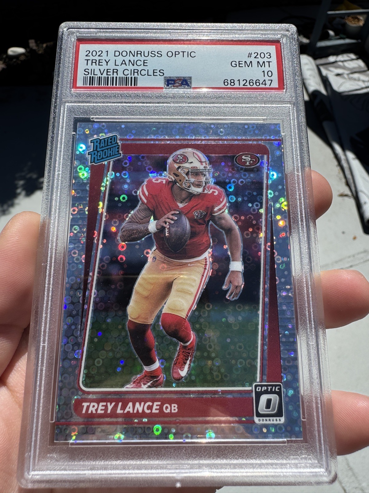 2021 Donruss Optic Trey Lance Silver Circles 34 /125 Rated Rookie #203 PSA 10