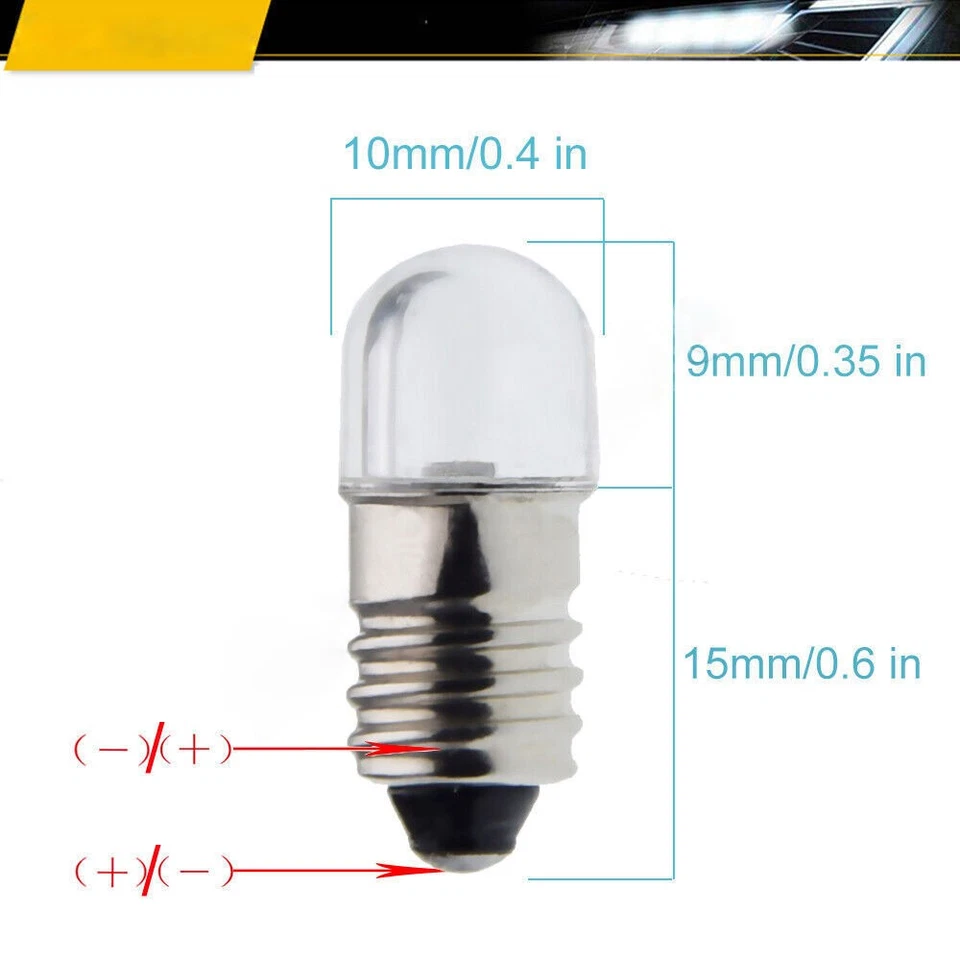 E10 LED Tornillo 3V/4.5V/6V/12V/18V Linterna LED Miniatura Bombilla Blanco Cálido/Blanco - Imagen 3 de 4
