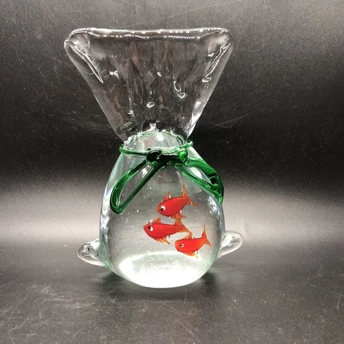 Murano Style Art Glass Fish In A Bag Goldfish Paperweight Vintage.