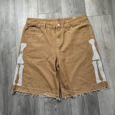 Y2K style Rhinestone Khaki Skeleton Bone Embroidered Frayed Shorts Men's L