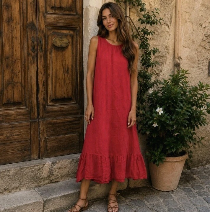 Terzo Millennio 100% Linen Maxi Dress Coral Red Boho Coastal Made in Italy Sz L
