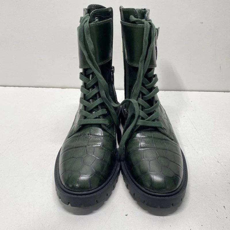 Vince Camuto Men Green Croc Embossed Leather Lace Up Buckle Combat Boots 8.5 - Image 3 of 4