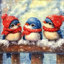 (2) Two Paper Lunch Napkins for Decoupage/Mixed Media - Cute Winter Birds Trio