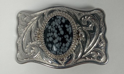 Vintage 1970's WESTERN BELT BUCKLE WITH BLACK/WHITE STONE SILVER PLATED - Picture 2 of 4