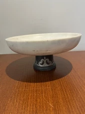 GG Collection White Marble Bowl on Blackwashed Mango wood with Metal inlay Pedes