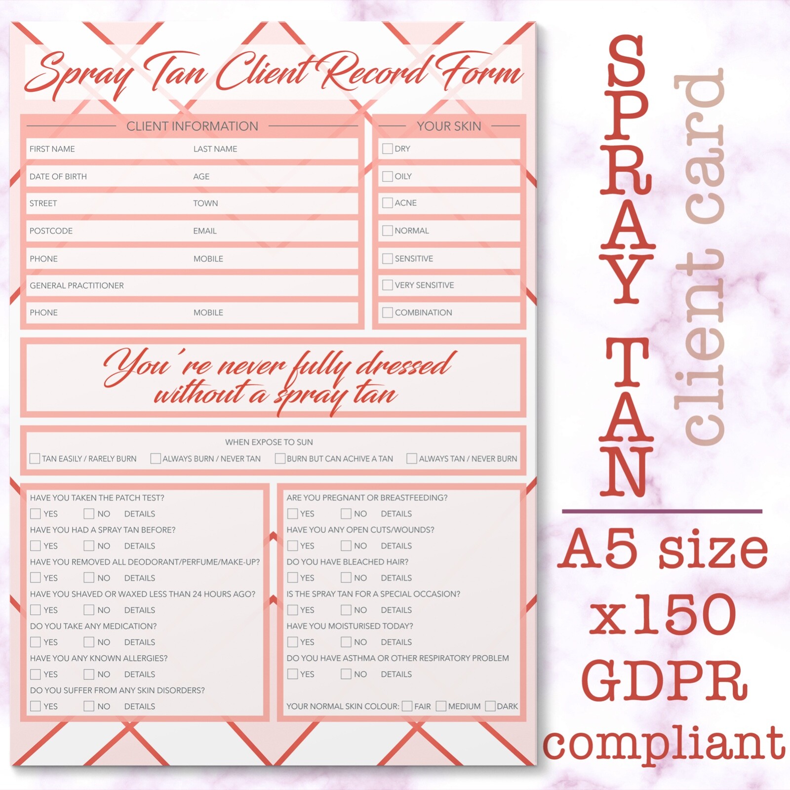 Spray Tan Client Record Card Form PREMIUM Treatment Consultation A5 GDPR x150