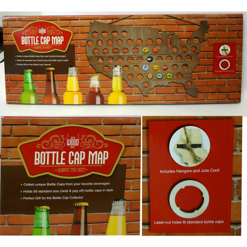 Wood Beer Bottle Cap Map of USA Teak Finish Collection Cave Wall Decoration Gift - Picture 3 of 4