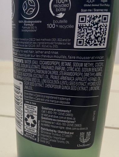 Dove Bio Mimetic Men+Care Shampoo Reconstruct Coco Fatty Vegan Keratin 10 Oz - Picture 7 of 9