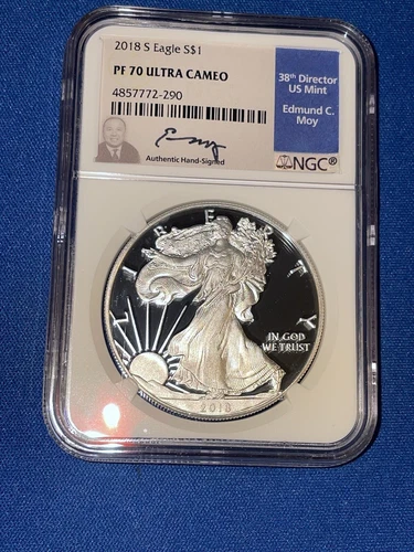 2018 S Silver Eagle NGC PF70 Ultra Cameo Ed Moy Signed (#Gy34)