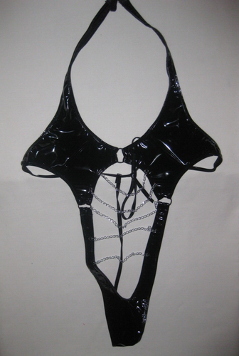 Faux patent leather w/chains cutout string back bodysuit teddy S black ...