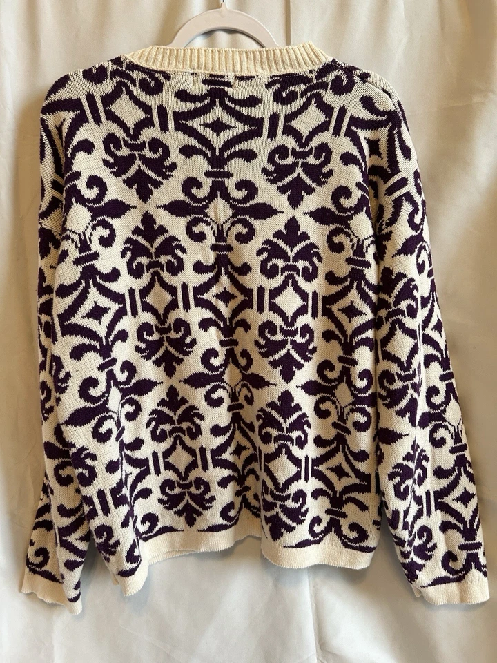 Suéter Cabin Creek Vintage Años 90 Blanco/Púrpura Hecho en EE. UU. 100% Algodón Talla Mediana Foto 2 de 4