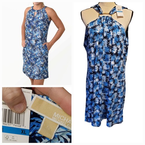 New MICHAEL KORS floral blue draping Mini a line Dress xl causal event night out