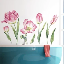 2 Sheets Pink Flowers Wall Decals Large Tulip Flower Wall Stickers Garden Flo...