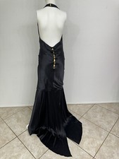 Chanel Boutique Vint. Long Dress Gown Black Silk Satin Chanel Gold Buttons FR40