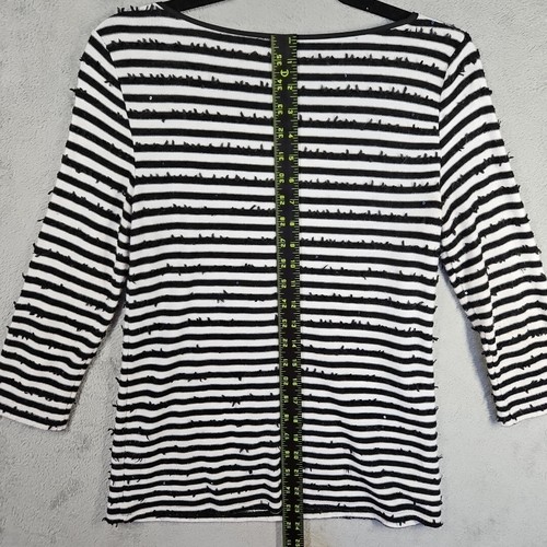 ANN TAYLOR Petite Top 3/4 Zip Slv Black White Striped Sequins Tiny Bows Size SP - Picture 14 of 17