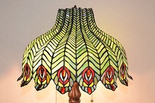 18"W Zinc Base Peacock Feather Stained Glass Handcrafted Jeweled Table Lamp