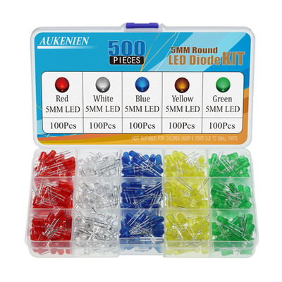 LED Dioden Set AUKENIEN 500 Stück 5 Farben Rundkopf 2 Pin Rot Blau Gelb