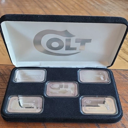 Colt Silver Bullion Bar Set, 5 1oz bars, with Gun Models in Display Case