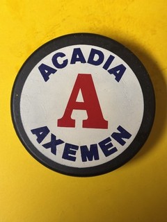 OLD VINTAGE HOCKEY PUCK ACADIA AXEMEN CANADIAN UNIVERSITY HOCKEY