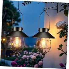  2 Pack Solar Lantern Outdoor Hanging Light Waterproof Metal Solar Lamp Black