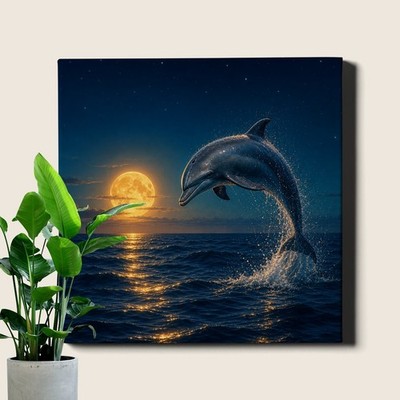 Dolphin Poster Print Crescent Moon Ocean Sunset Surreal Scene
