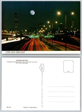 Chicago Skyline Night View Postcard Expressway Car Trails Full Moon Willis Tower
