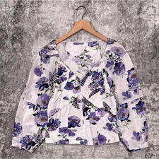 New Anthropologie Top Medium Womens White Floral Cotton Puff Sleeve Blouse