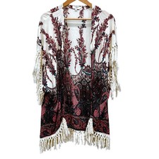 Umgee Kimono Duster S/M Open Front White Burgundy Paisley Fringe Boho western