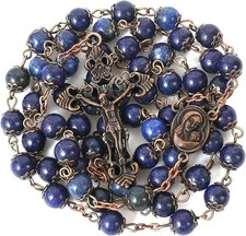 Lapis Lazuli Vintage Design Rosary Natural Stone Beads Necklace Holy Soil Medal