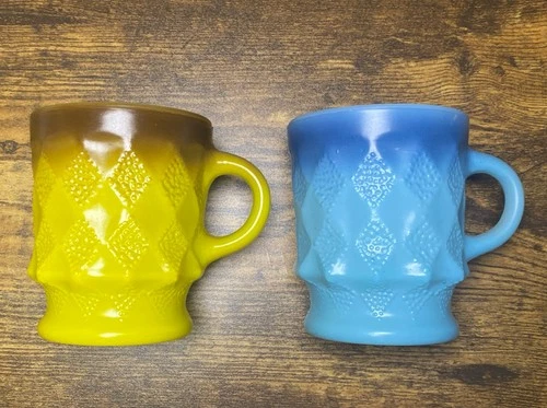 2 Anchor Hocking Fire King Coffee Cup Mug Kimberly Diamond Pattern Vintage